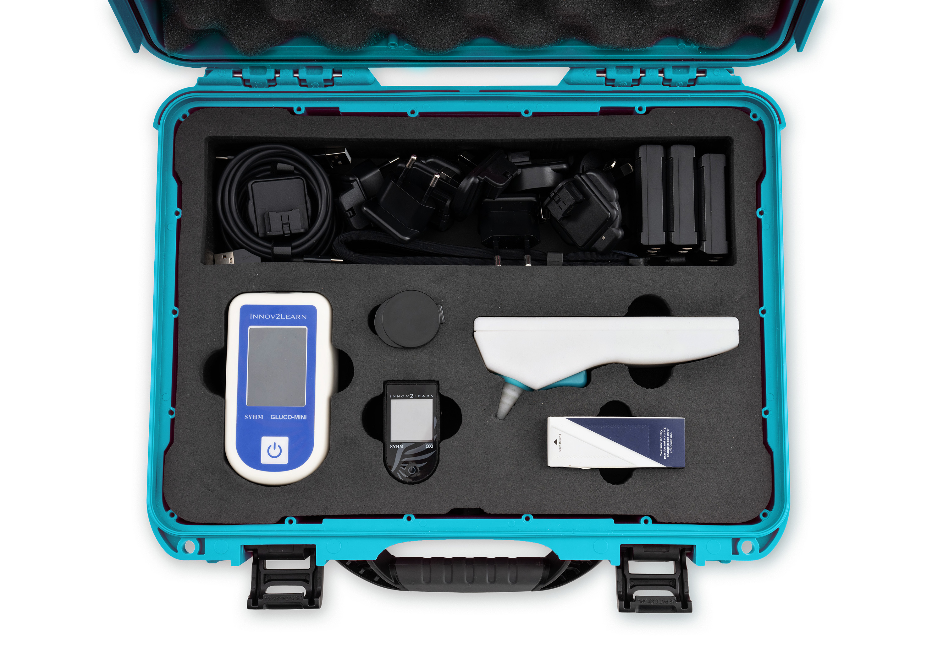 Open turquoise Euro Kit case: Gluco-mini, Oxi, Ear-T, probe covers, strips, and chargers each seated in the laser-cut foam insert
