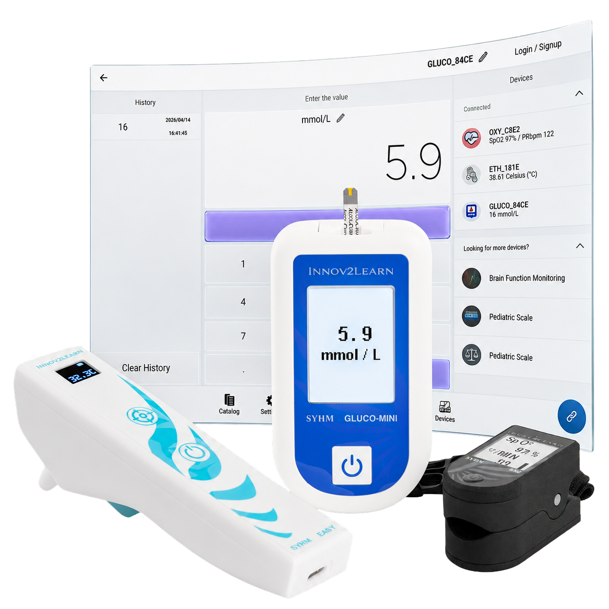 The Innov2Learn App with Oxi, Ear-T, and Gluco-mini connected, each device showing the value set by the instructor