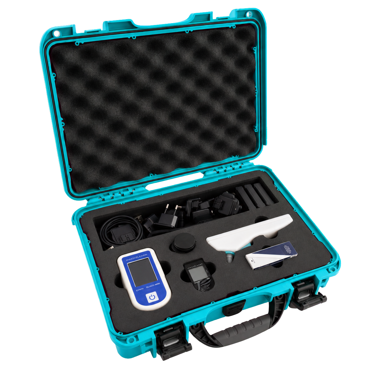 The Euro Kit open in its turquoise protective case: Gluco-mini, Oxi, and Ear-T seated in the foam insert, with chargers, adapters, and batteries in their compartment