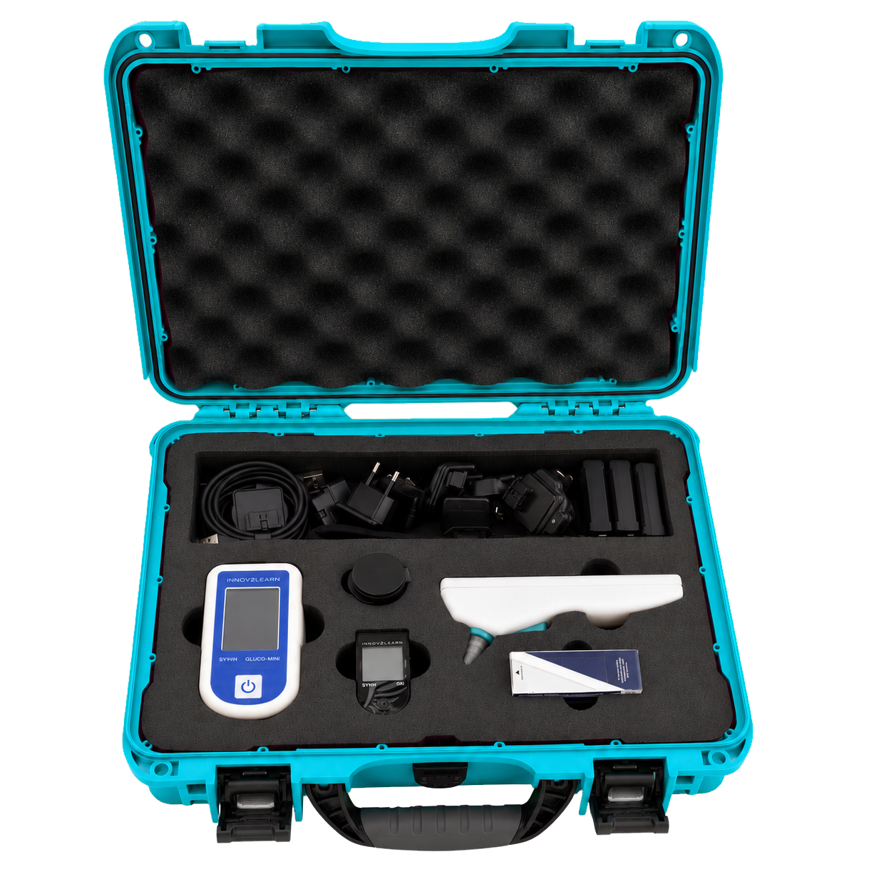 The open Euro Kit case seen straight on: Gluco-mini, Oxi, and Ear-T in the foam insert, with chargers, adapters, and batteries in their compartment